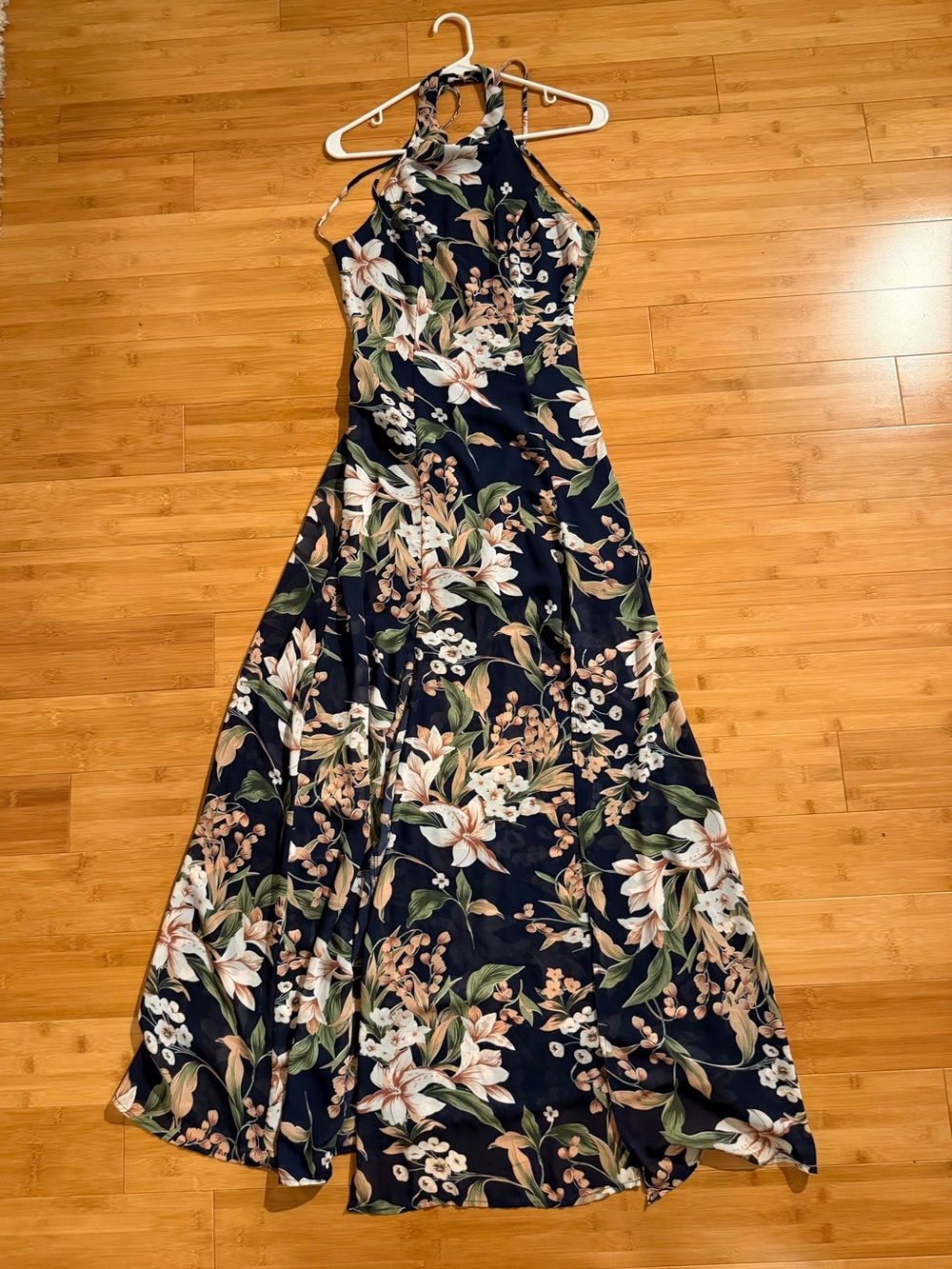 LUXXEL Navy Floral Halter Maxi Dress | Backless Open Back | Tie Straps